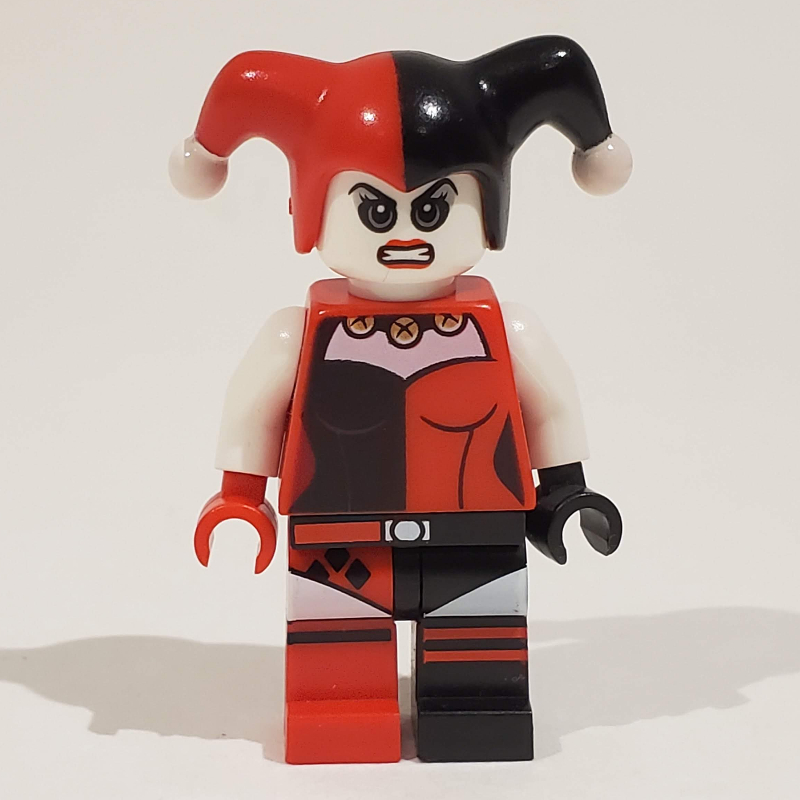 Lego Harley Quinn in Black and Red Jester Outfit with White Arms