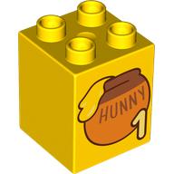 Lego Duplo Brick 2 x 2 x 2 with '1', 'HUNNY', Honey Pot print / Yellow
