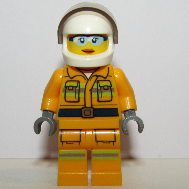 Lego Firewoman, Bright Light Orange Fire Suit, White Helmet with Visor, Light Blue Sunglasses