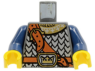 Lego Torso Silver Scale Mail Armor with Ornate Gold Collar, Dark Orange Shoulder Strap and Belt, Buckle with Crown Pattern / Dark Blue Arms / Yellow Hands