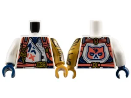 Torso Racing Jacket with Dark Blue Panels, Coral Harness Straps with Gold Buckles, Zipper, and Key on Key Chain, Grumpy Cat Face on Back Pattern / Pearl Gold Arm Left with Armor Pattern / White Arm Right / Pearl Gold Hand Left / Dark Blue Hand Right