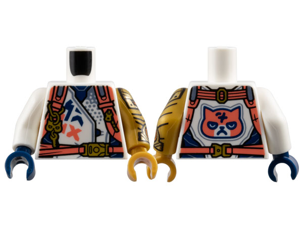 Lego Torso Racing Jacket with Dark Blue Panels, Coral Harness Straps with Gold Buckles, Zipper, and Key on Key Chain, Grumpy Cat Face on Back Pattern / Pearl Gold Arm Left with Armor Pattern / White Arm Right / Pearl Gold Hand Left / Dark Blue Hand Right