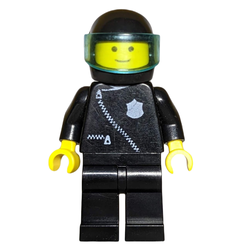Lego Policeman, Black Jacket with Zipper and Badge, Black Helmet with Visor
