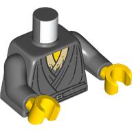 Lego Torso Robes, Belt, Stained Tan Undershirt, Yellow Chest print, Dark Bluish Gray Arms, Yellow Hands / Dark Bluish Gray