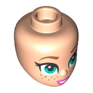Lego Minidoll Head, Nougat Eyebrows, Dark Turquoise Eyes, Freckles, Dark Pink Lips, Open Mouth Smile / Light Nougat