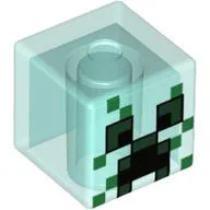 Minifig Head Special, Cube with Charged Creeper Face Print / Trans-Light Blue