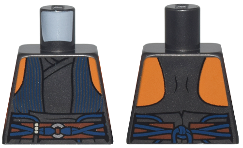 Lego Torso SW Vest Open with Dark Blue Pinstripes over Tunic, Reddish Brown Belt with Cords and Silver Ring, Orange Shoulders Pattern
