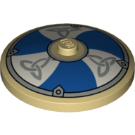 Lego Dish 4 x 4 Inverted [Radar] with Viking Shield Blue / White Sections and Silver Ornament Print / Tan