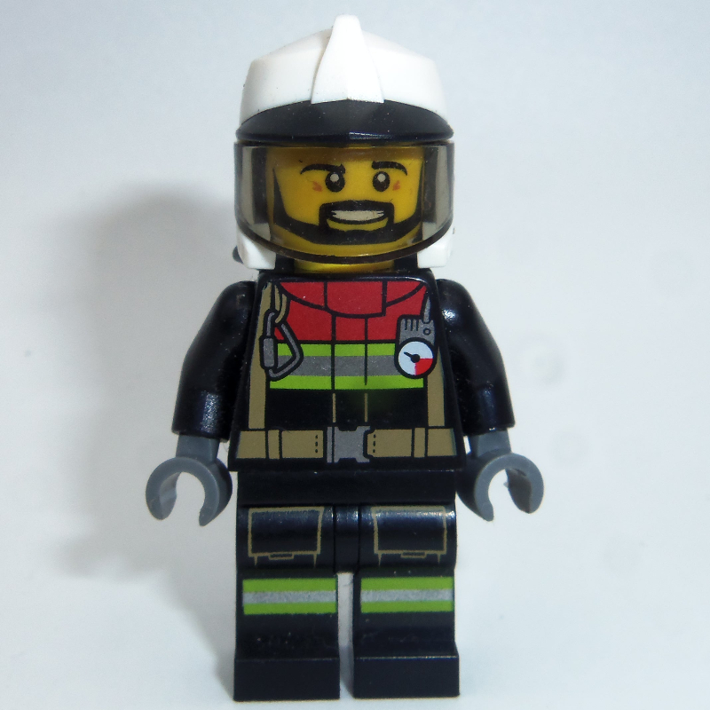 Lego Fireman, Black Firesuit, White Helmet with Black Peak and Neck Protector with Visor