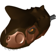 Lego Animal Body Part, Dinosaur, Carnotaurus Head with Pin, White Teeth, Dark Brown Markings, Orange Eyes Print / Reddish Brown
