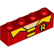 Lego Brick 1 x 4 with Yellow Collar and R Print [Robin] / Red