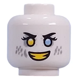 Minifig Head Dizzy, Yellow Left, Bright Light Blue Right Eye, Light Bluish Grey Eyeshadow, Spots, Yellow Teeth, Mean Smile/Angry Grin / White