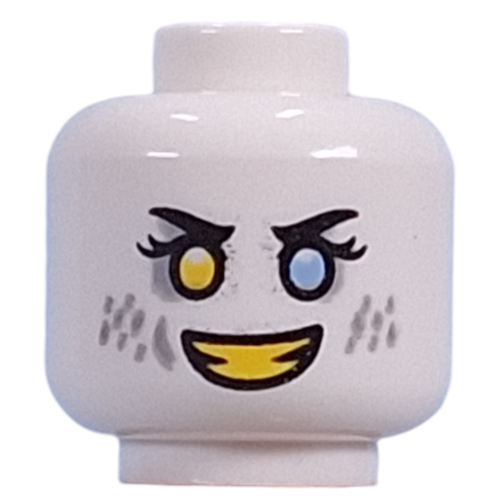 Lego Minifig Head Dizzy, Yellow Left, Bright Light Blue Right Eye, Light Bluish Grey Eyeshadow, Spots, Yellow Teeth, Mean Smile/Angry Grin / White