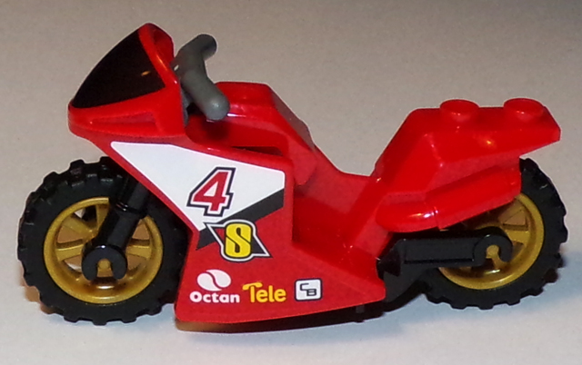 Lego Motorcycle Sport Bike with Black Windshield Pattern, Black Frame, Pearl Gold Wheels and Dark Bluish Gray Handlebars with Number 4 and Octan Logo Pattern on Both Sides (Stickers) - Set 60084