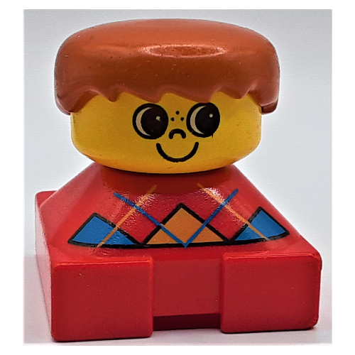 Lego Duplo 2 x 2 x 2 Figure Brick, Spiky Bangs, Dark Orange Hair, Blue Argyle Sweater Print / Red