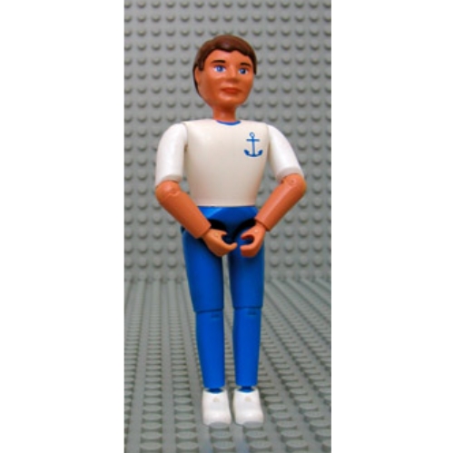 Lego Belville Figure Articulated Elbows, Male, Brown Hair, White Shirt with Anchor Print, Blue Pants, White Shoes / [No Color/Any Color]
