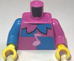 Torso Jester Costume with Collar, Dark Azure Panels and Bright Pink Music Note Pattern (BAM) / Dark Pink Arm Left / Dark Azure Arm Right / Yellow Hands