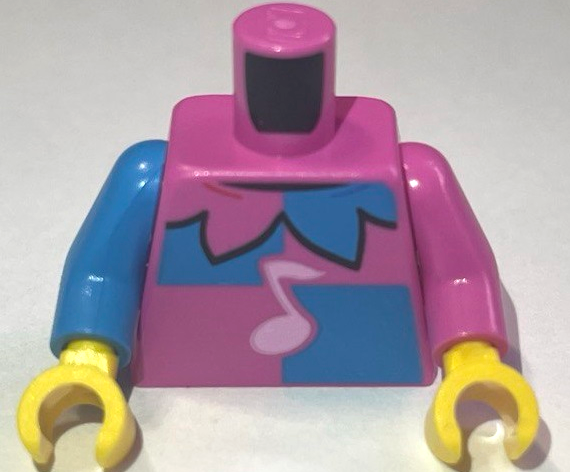Lego Torso Jester Costume with Collar, Dark Azure Panels and Bright Pink Music Note Pattern (BAM) / Dark Pink Arm Left / Dark Azure Arm Right / Yellow Hands