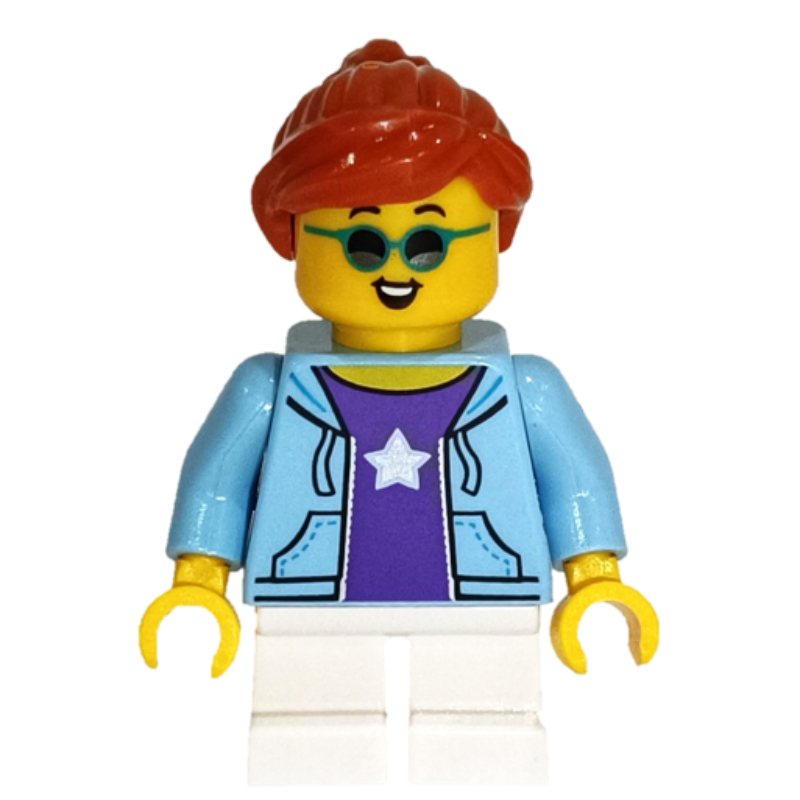 Lego Girl, Bright Light Blue Jacket, Short White Legs, Sunglasses