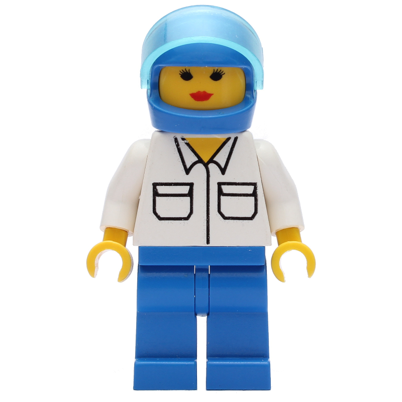 Lego Woman, White Shirt with Pockets, Blue Legs, Blue Helmet with Visor