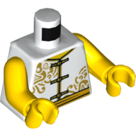 Lego Torso Tunic with Gold Clasps and Sash Belt, with Ornate Gold Decorations Print, Yellow Arms and Hands / White