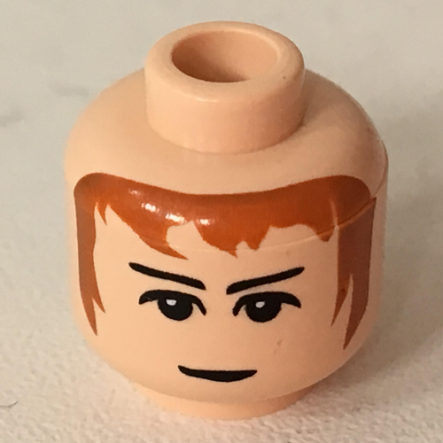 Lego Minifig Head Stan Shunpike, Brown Hair, Eyebrows, White Pupils Print [Blocked Open Stud] / Light Nougat