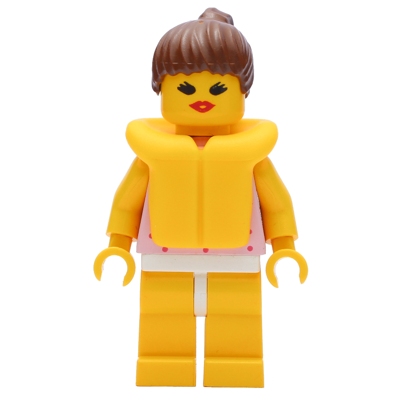 Lego Woman, Pink Top with Spots, Yellow Legs, Brown Hair, Yellow Life Vest