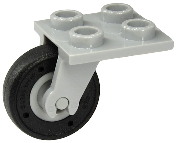Lego Plate, Modified 2 x 2 Thin with Plane Single Wheel Holder with Light Bluish Gray Wheel with Molded Black Tire Pattern (2415 / 65630pb01)