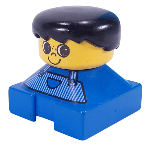 Lego Duplo 2 x 2 x 2 Figure Brick, Spiky Bangs, Black Hair, Striped Overalls, Big Eyes, Freckles on Nose Print / Blue