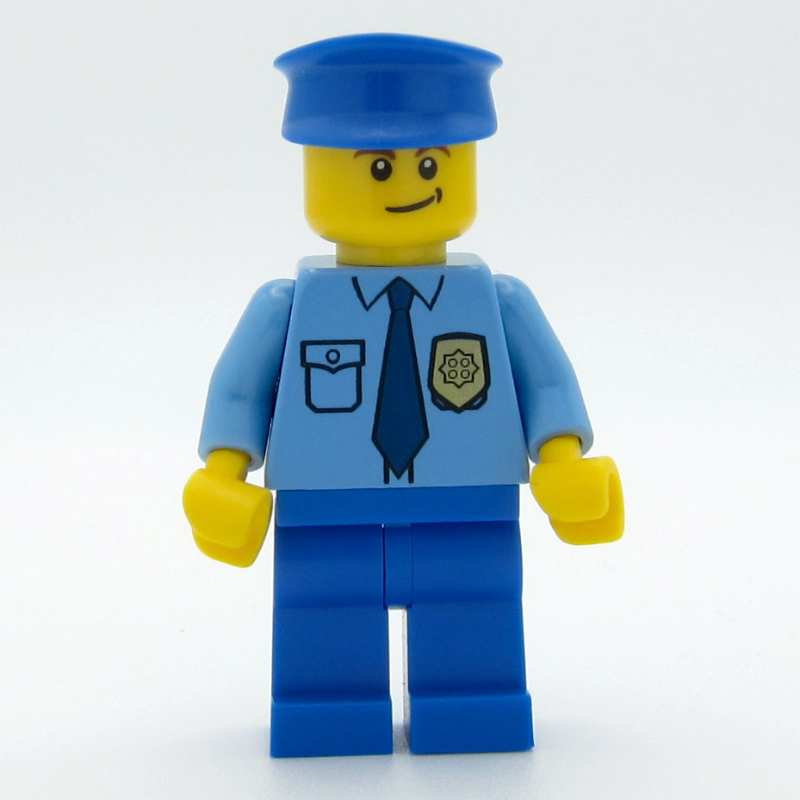 Lego Policeman, Medium Blue Shirt with Badge and Tie, Blue Legs, Blue Hat, Brown Eyebrows