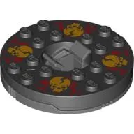 Turntable 6 x 6 Round Dark Bluish Gray Base with Black Top with Orange Skulls on Red Print (Ninjago Spinner) / Black