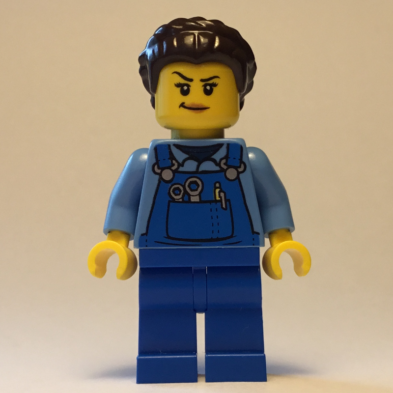 Lego Woman, Blue Overalls, Dark Brown Hair