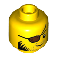 Lego Minifig Head Clutch Powers, Reddish Brown Eyepatch, Black Hair, Stubble Beard / Yellow