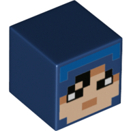 Lego Minifig Head Special, Cube with Pixelated Light Nougat Face, Black Eyes Print / Dark Blue