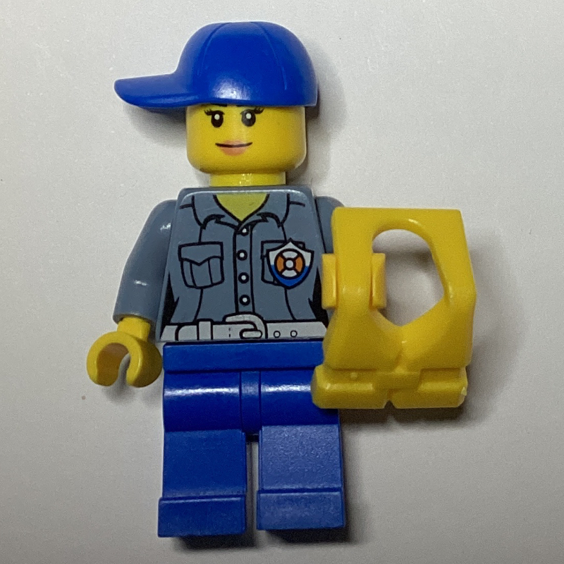 Lego Coast Guard, Woman, Sand Blue Shirt with Badge, Blue Cap, Yellow Life Vest