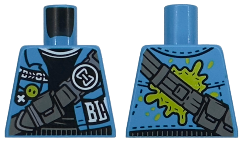 Lego Torso Jacket Open, White 'BL', Black Sweater, Dark Bluish Gray Strap with Pouches, Hourglass Buckle Pattern