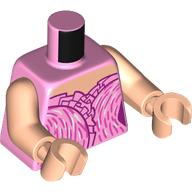 Lego Torso, Dress, Bright Pink Ruffles, Dark Purple Trim, Silver/Dark Pink Streaks print, Light Nougat Arms and Hands / Bright Pink