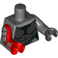 Lego Torso, Odd Arms and Hands, Armor, Silver Plate Print, Left Dark Bluish Gray Arm and Black Hand, Right Red Arm and Hand with Plates Print / Dark Bluish Gray