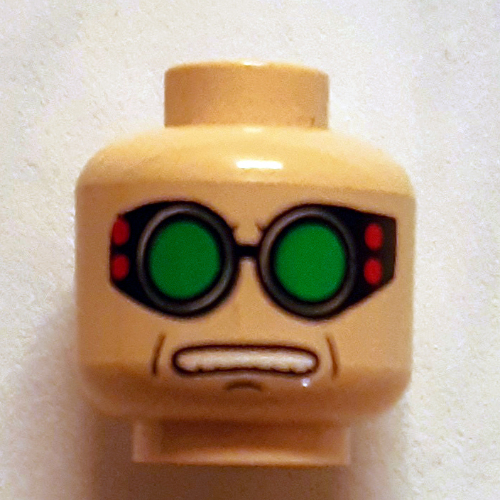 Lego Minifig Head Dr Octopus (Doc Ock), Green Goggles, Brown Arched Eyebrows, Open Mouth Print / Light Nougat