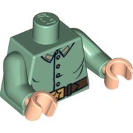 Lego Torso Shirt Uniform with Four Buttons and Gold Buckle with Star Print, Sand Green Arms, Light Nougat Hands / Sand Green