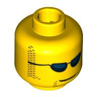 Lego Minifig Head Space Police Officer / F1 Engineer, Dark Blue Sunglasses, Closed Mouth, Light Brown Sideburns and Goatee Print / Yellow