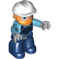 Duplo Figure with Hard Hat and Beard, Dark Blue Overalls / Medium Azure
