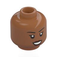 Lego Minifig Head, Thin Black Eyebrows, Dark Red Lips, Smile / Sienna Brown
