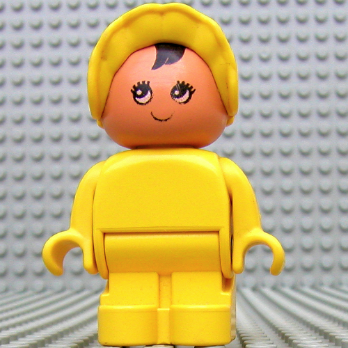 Lego Duplo Figure, Early with Joined Legs, with Yellow Legs, Black Hair, and Yellow Bonnet (Baby) / Yellow