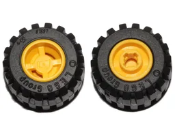 Wheel 11mm D. x 12mm, Hole Notched for Wheels Holder Pin with Black Tire 21mm D. x 12mm - Offset Tread Small Wide, Band Around Center of Tread (6014b / 87697) / Yellow