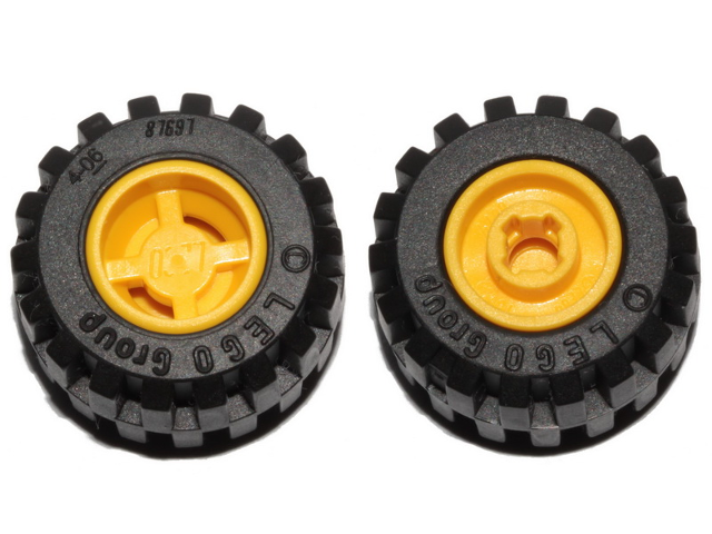 Lego Wheel 11mm D. x 12mm, Hole Notched for Wheels Holder Pin with Black Tire 21mm D. x 12mm - Offset Tread Small Wide, Band Around Center of Tread (6014b / 87697)