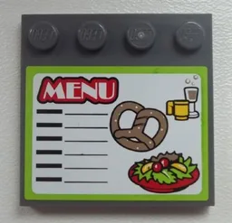 Tile, Modified 4 x 4 with Studs on Edge with 'MENU', Cups, Pretzel, and Salad Pattern (Sticker) - Set 60026