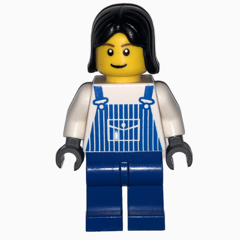 Lego Woman, Blue and White Striped Overalls, Black Hair