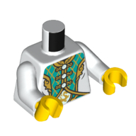 Lego Torso Tunic, Dark Turquoise Panel, Gold Trim print, White Arms, Yellow Hands / White