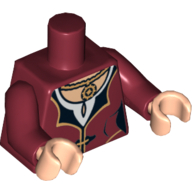 Lego Torso Dress with Gold and Black Trim, White Collar, Gold Medallion Print, Dark Red Arms, Light Nougat Hands / Dark Red
